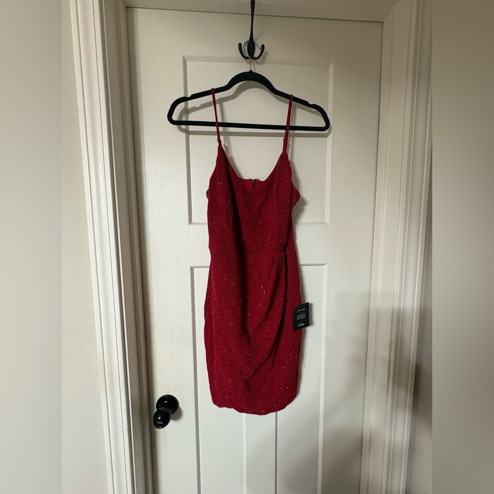 Lulus NWT Sparkle Red Spaghetti Strap Wrap Mini Dress